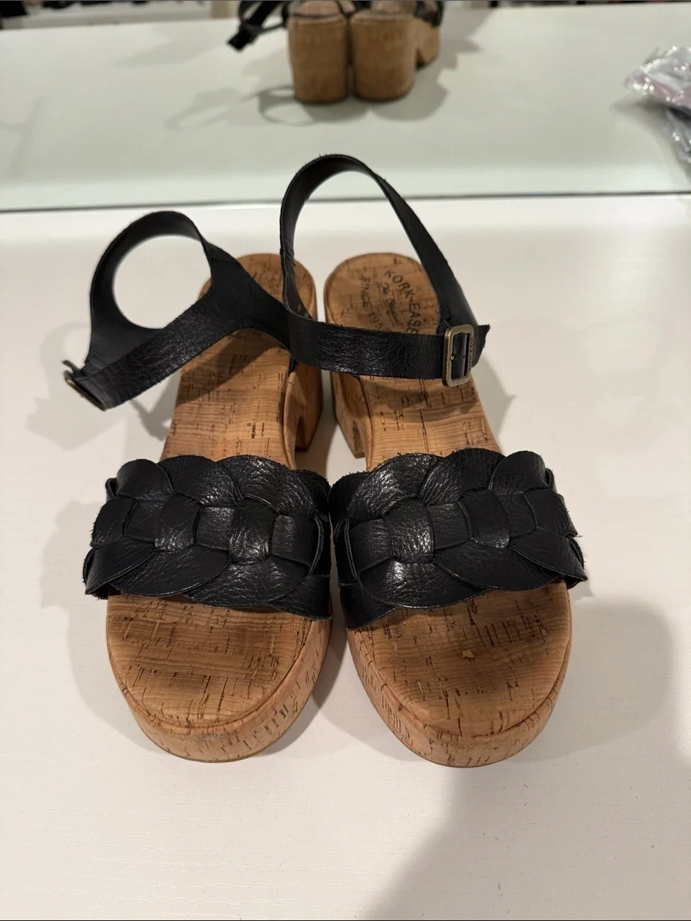 Kork-Ease Black Braided Leather Cork Wedge Sandals with Ankle Strap